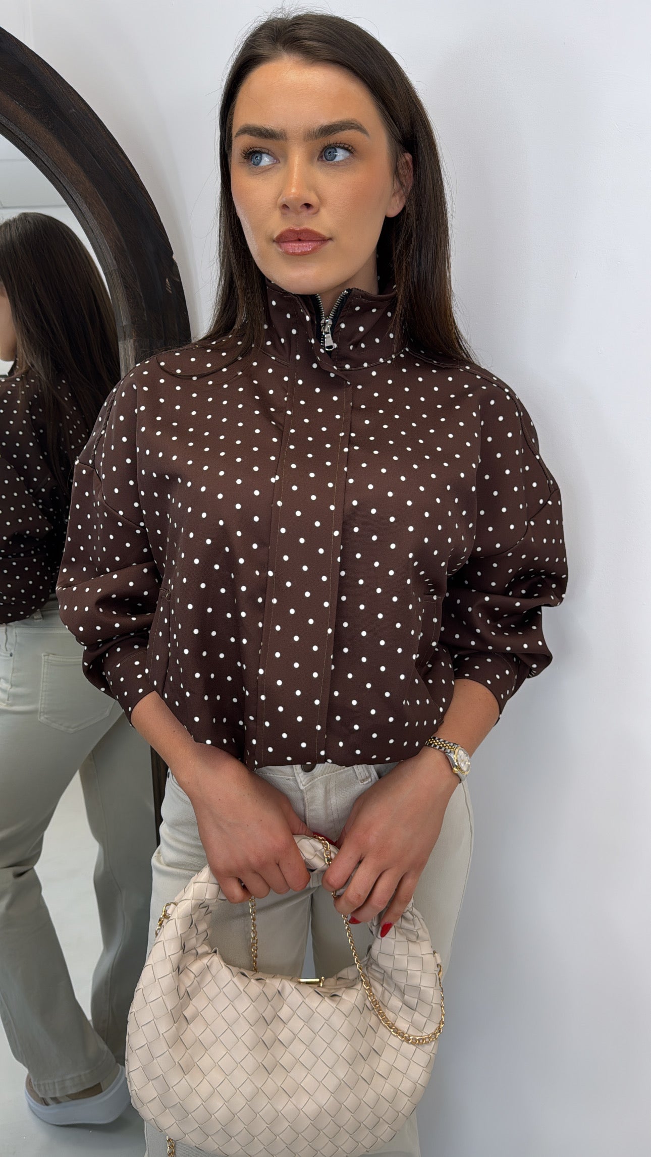 PIA brown polka dot drawstring jacket