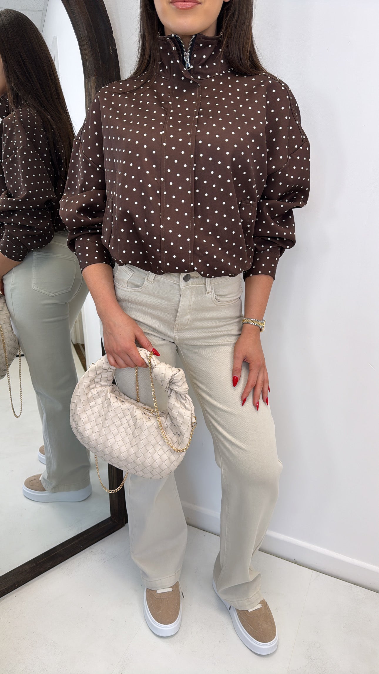 PIA brown polka dot drawstring jacket