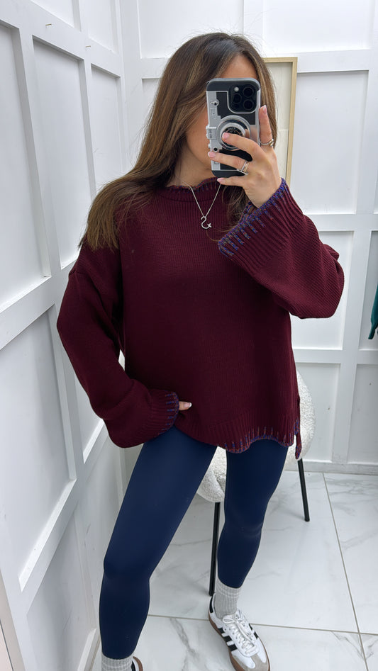 BECKY burgundy fine knit jumper with multicolour trim