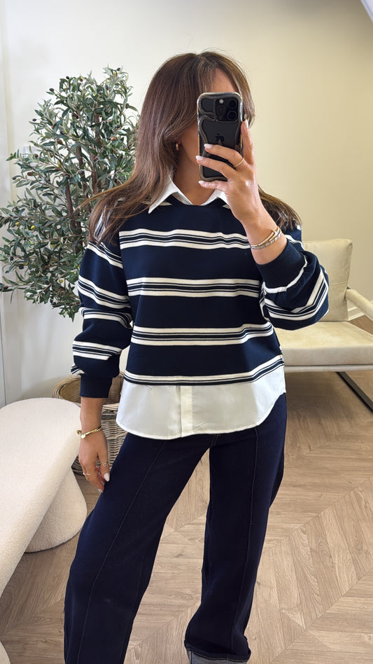 MATILDA navy stripe top with shirt underlay