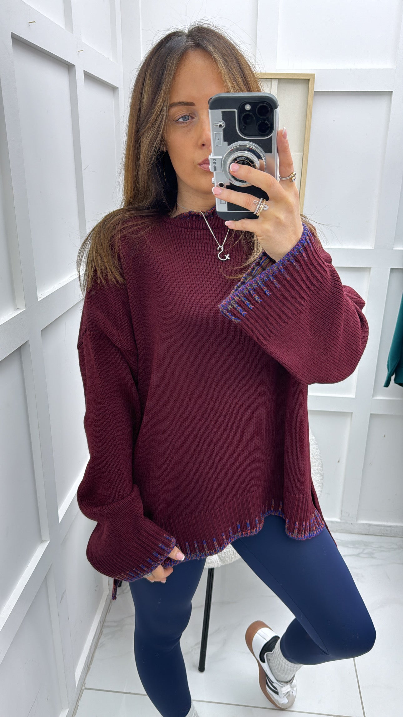 BECKY burgundy fine knit jumper with multicolour trim