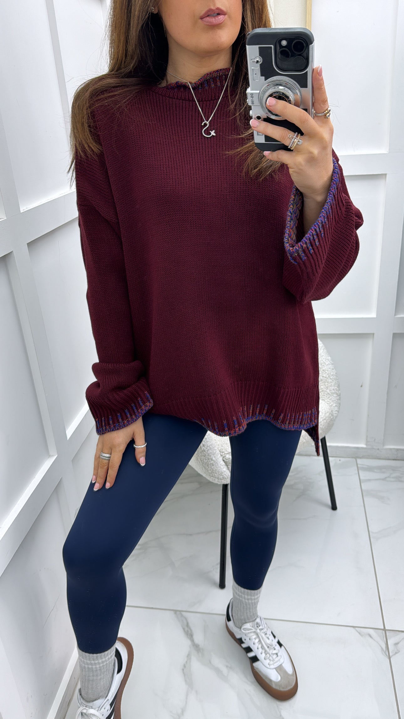 BECKY burgundy fine knit jumper with multicolour trim