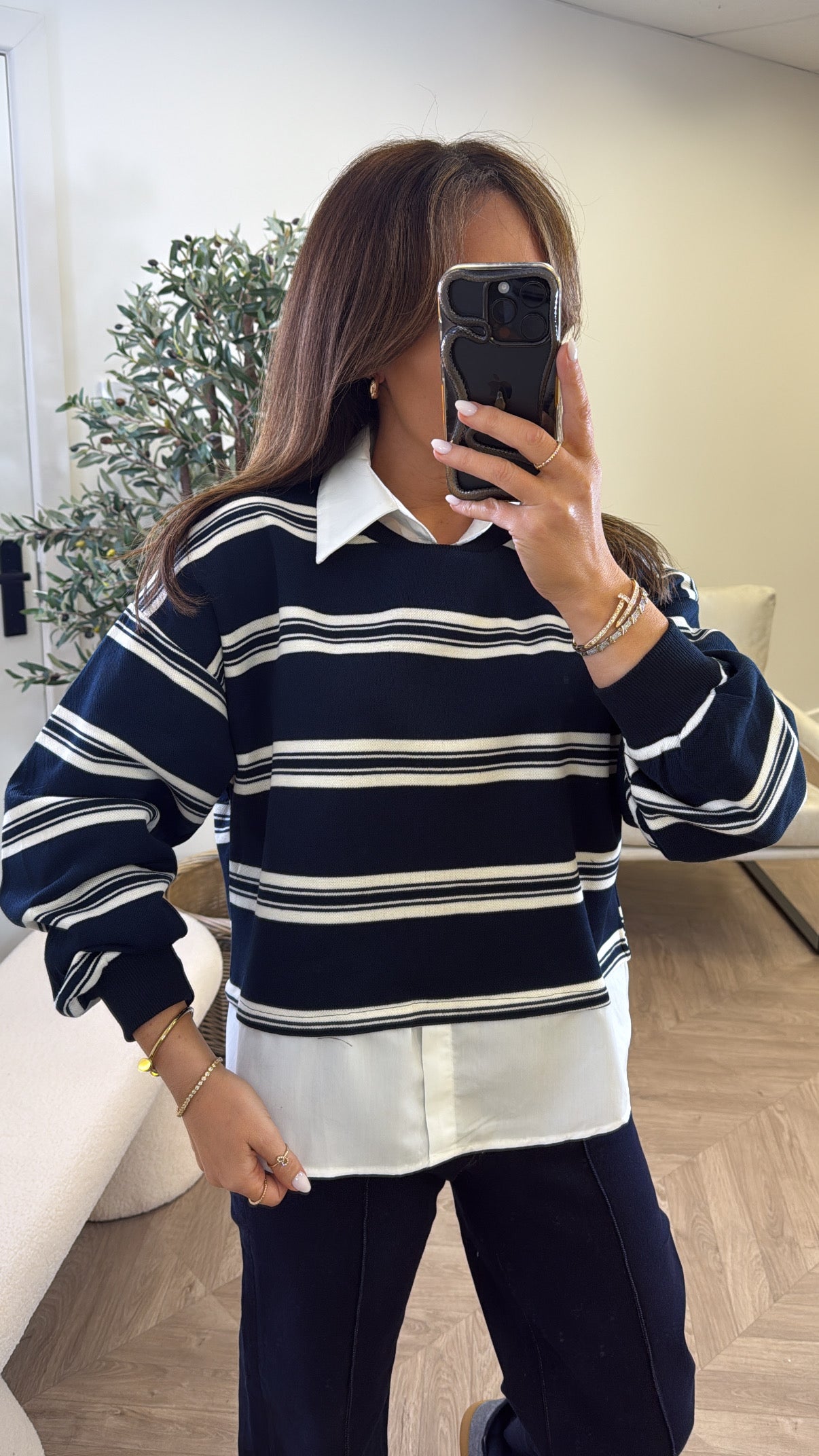 MATILDA navy stripe top with shirt underlay