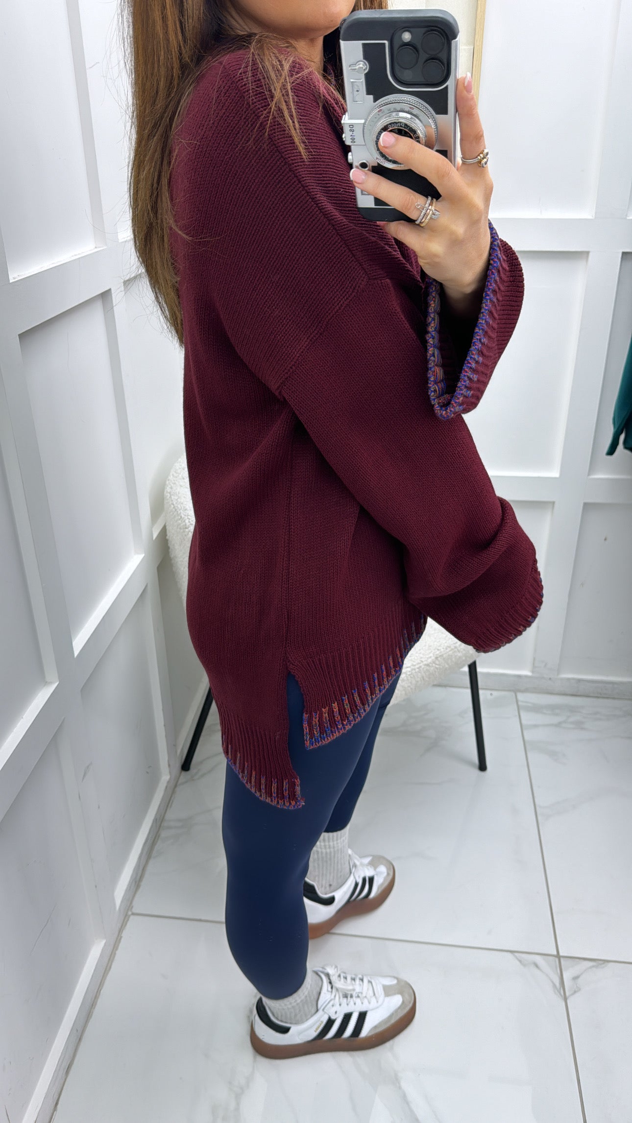 BECKY burgundy fine knit jumper with multicolour trim