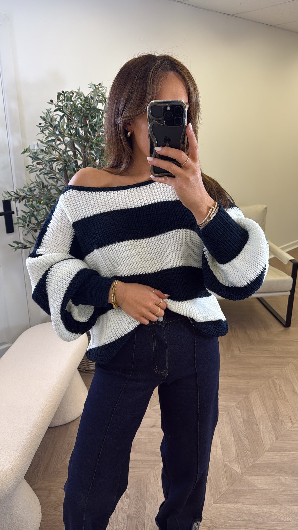 JENNA navy and cream stripe knitted jumper