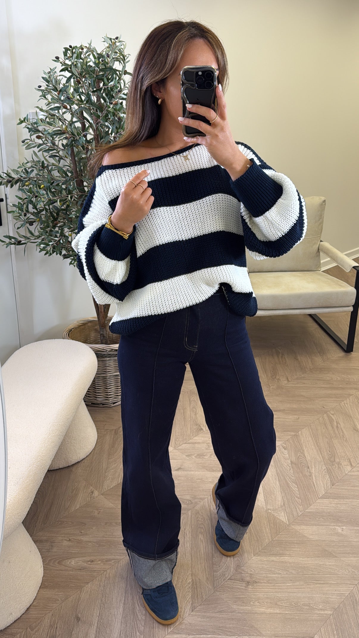 JENNA navy and cream stripe knitted jumper
