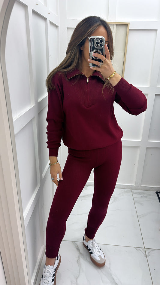 MOLLY burgundy half zip knitted lounge set