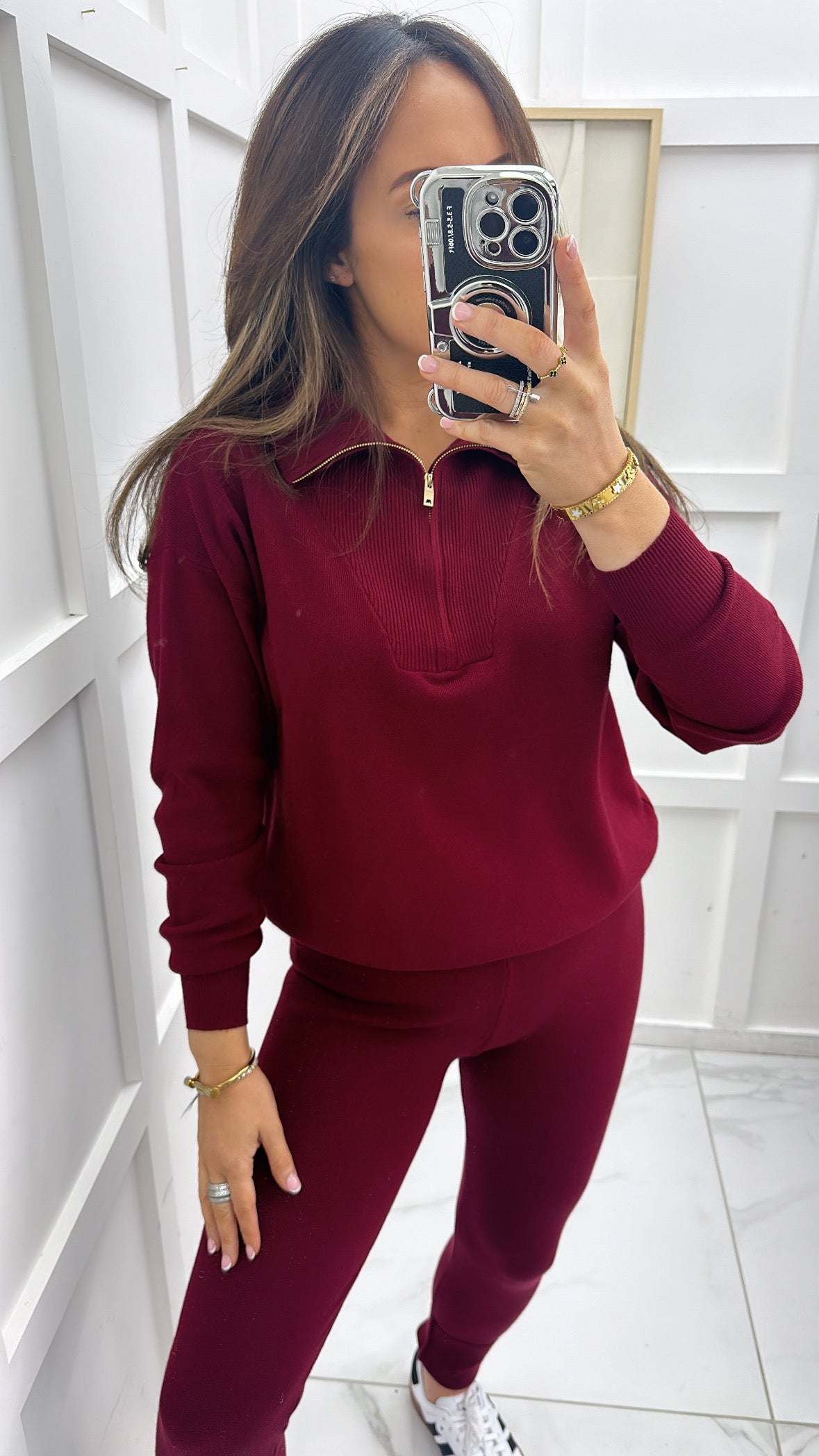 MOLLY burgundy half zip knitted lounge set