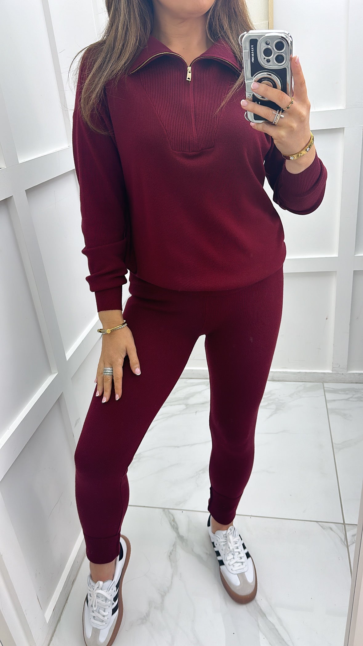 MOLLY burgundy half zip knitted lounge set