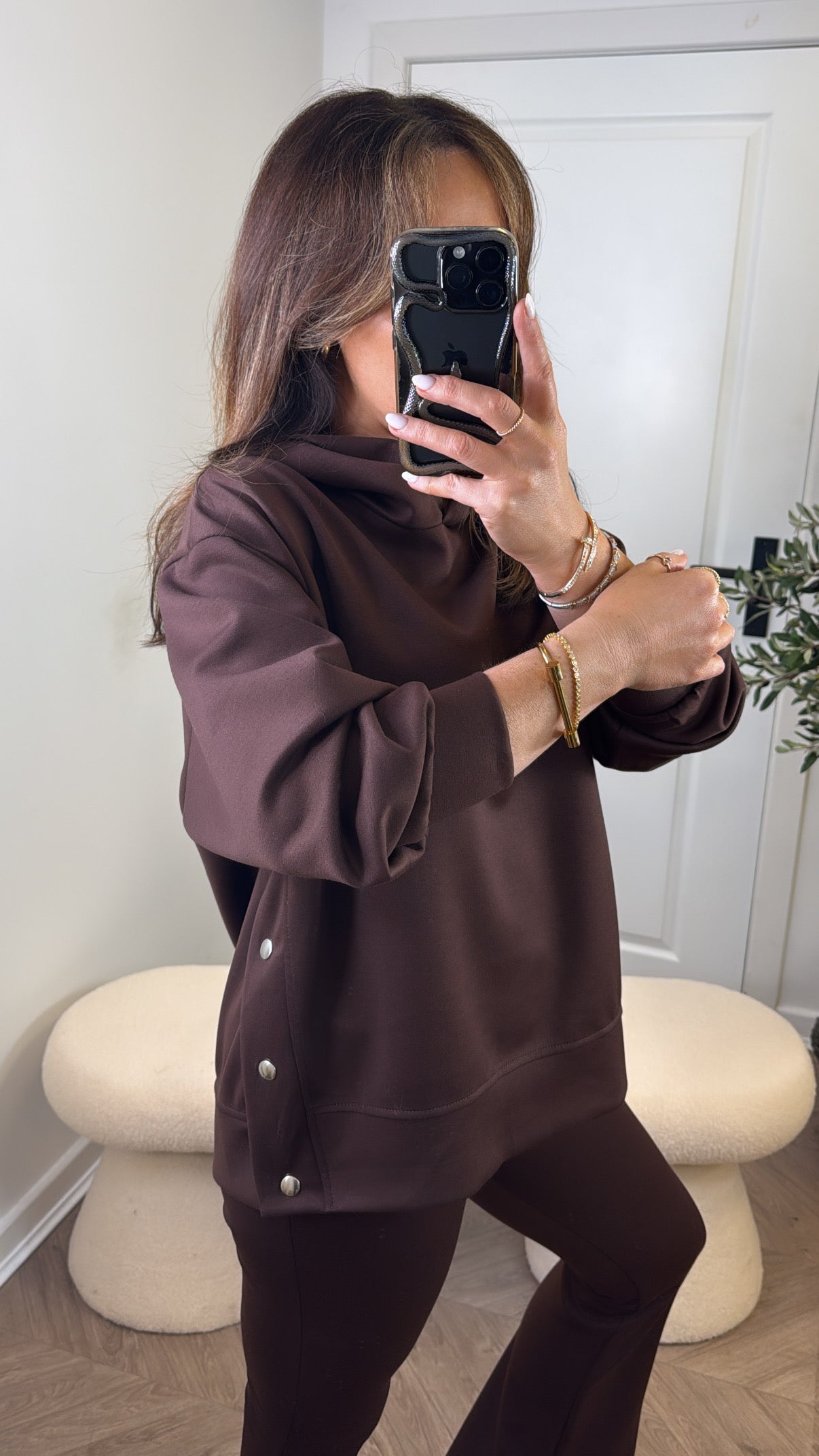 ALEX brown hoody lounge set with popper detail