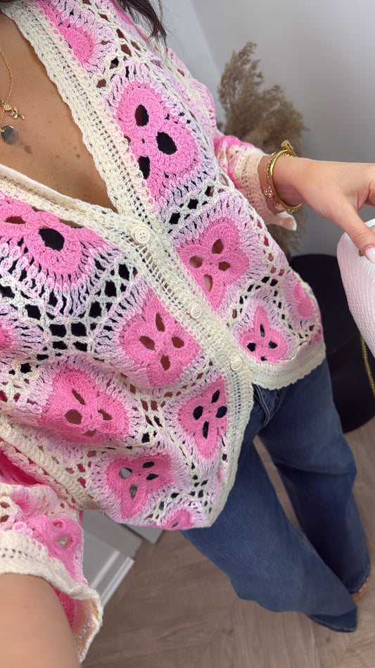 LILLY pink crochet batwing cardigan