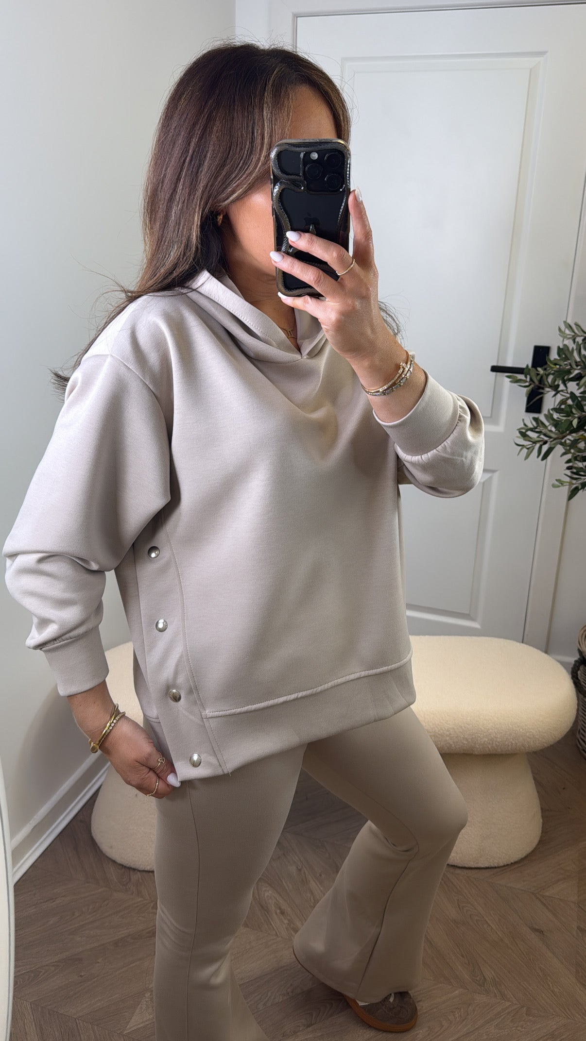 ALEX beige hoody lounge set with popper detail