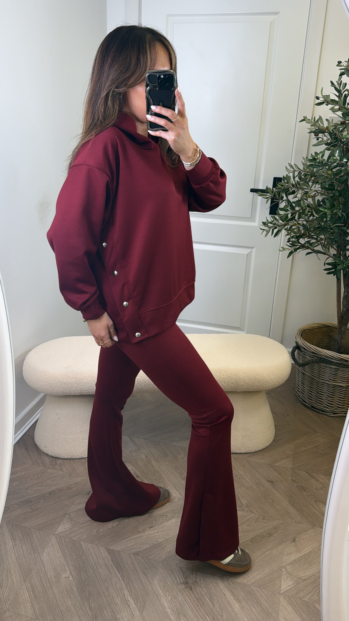 ALEX burgundy hoody lounge set with popper detail