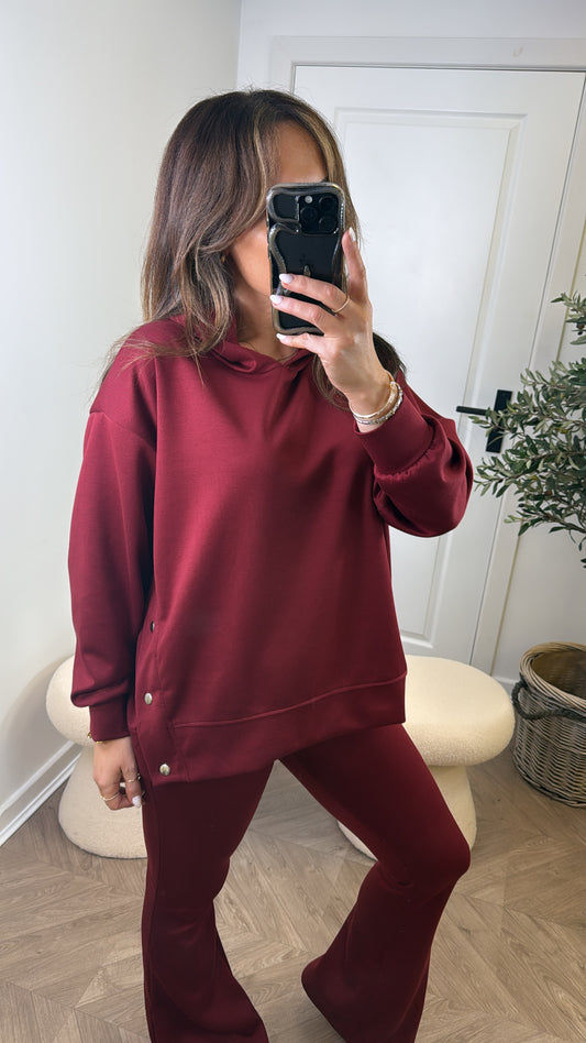 ALEX burgundy hoody lounge set with popper detail