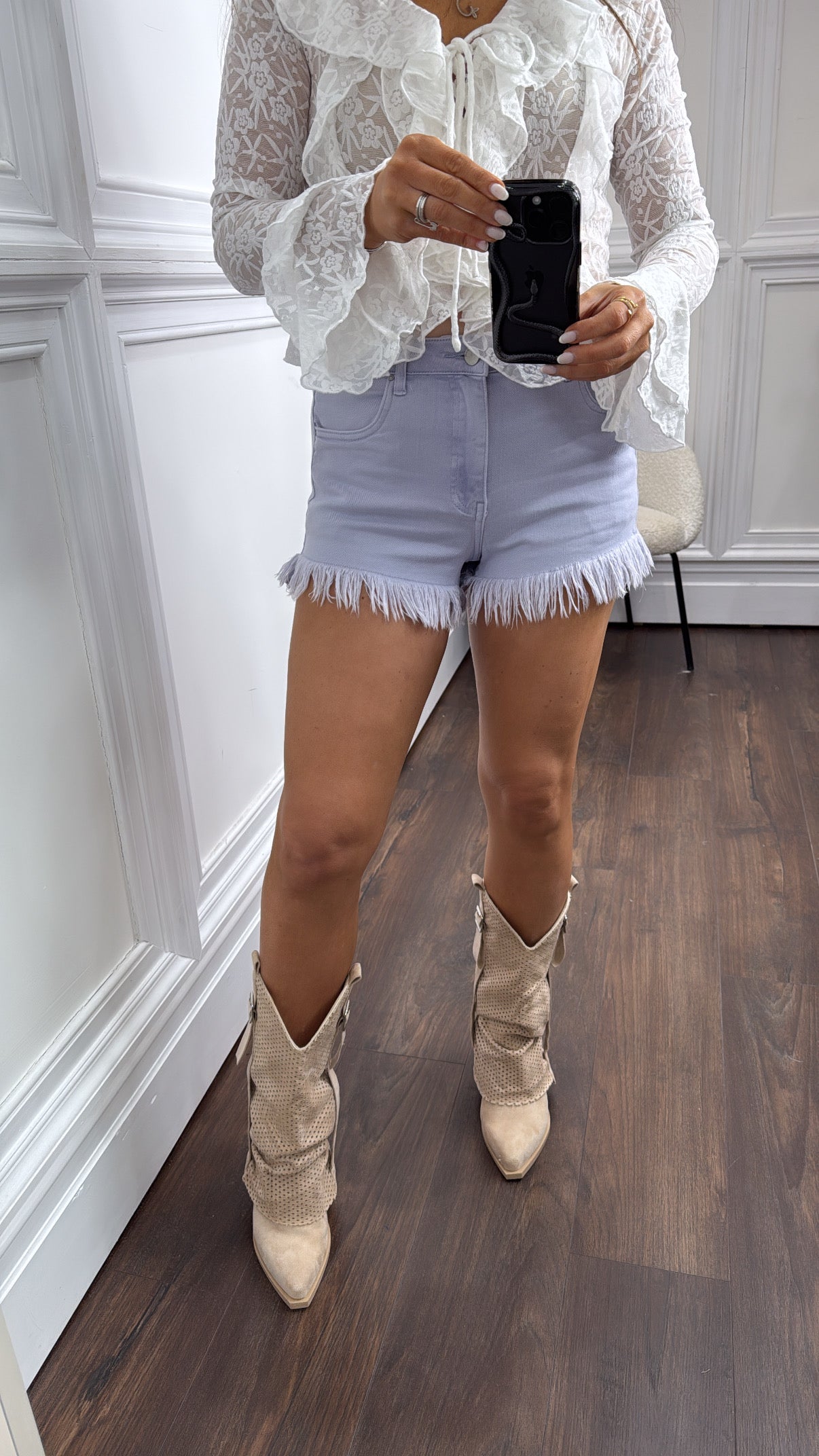 KATIE powder blue denim frayed hem shorts