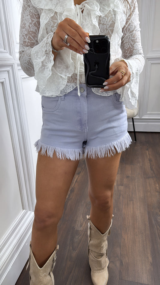 KATIE powder blue denim frayed hem shorts