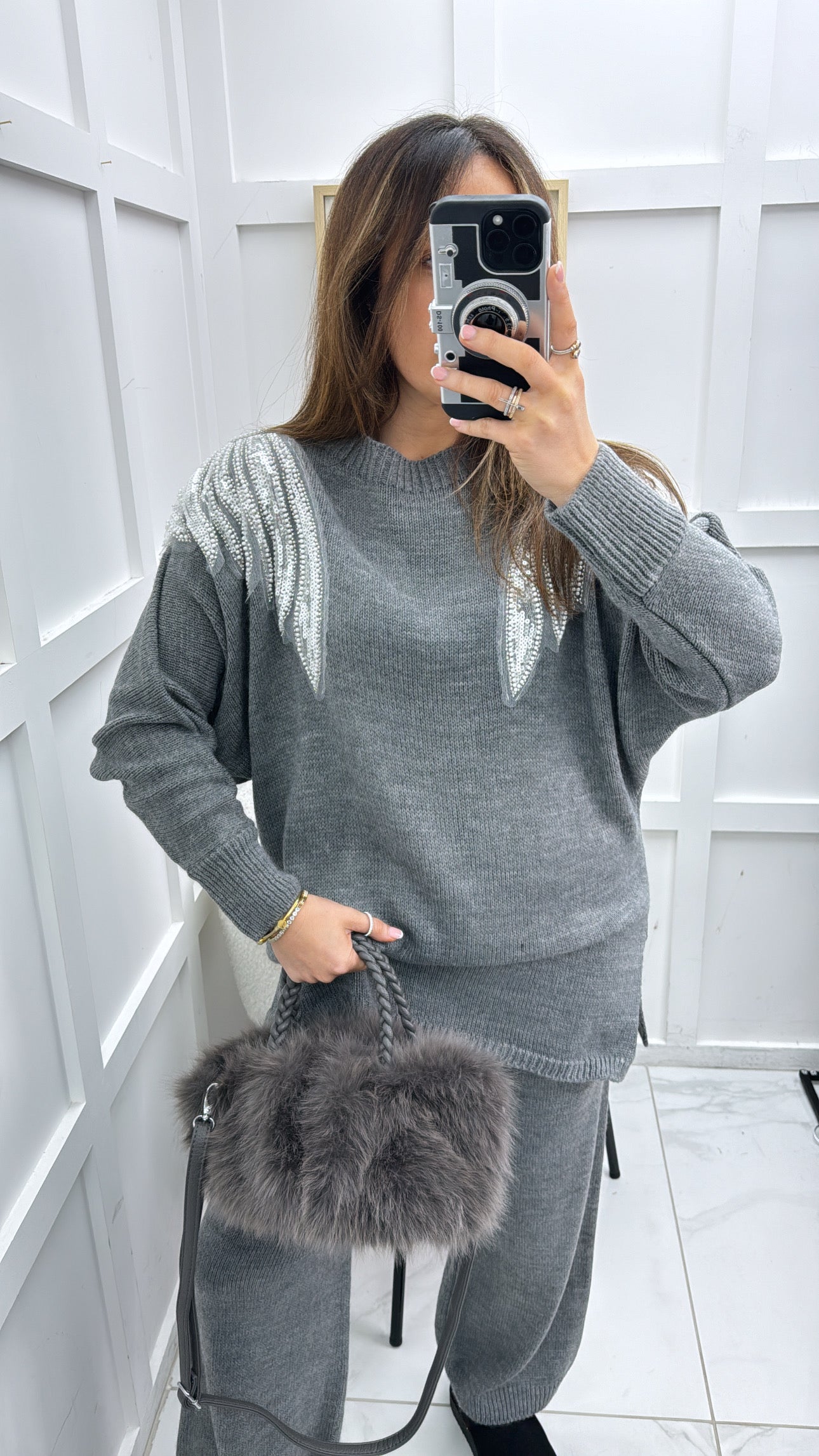 OLIVIA grey chunky knit embellished lounge set