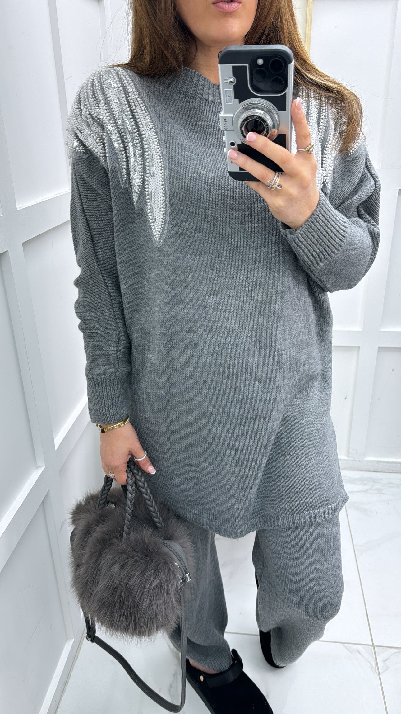 OLIVIA grey chunky knit embellished lounge set