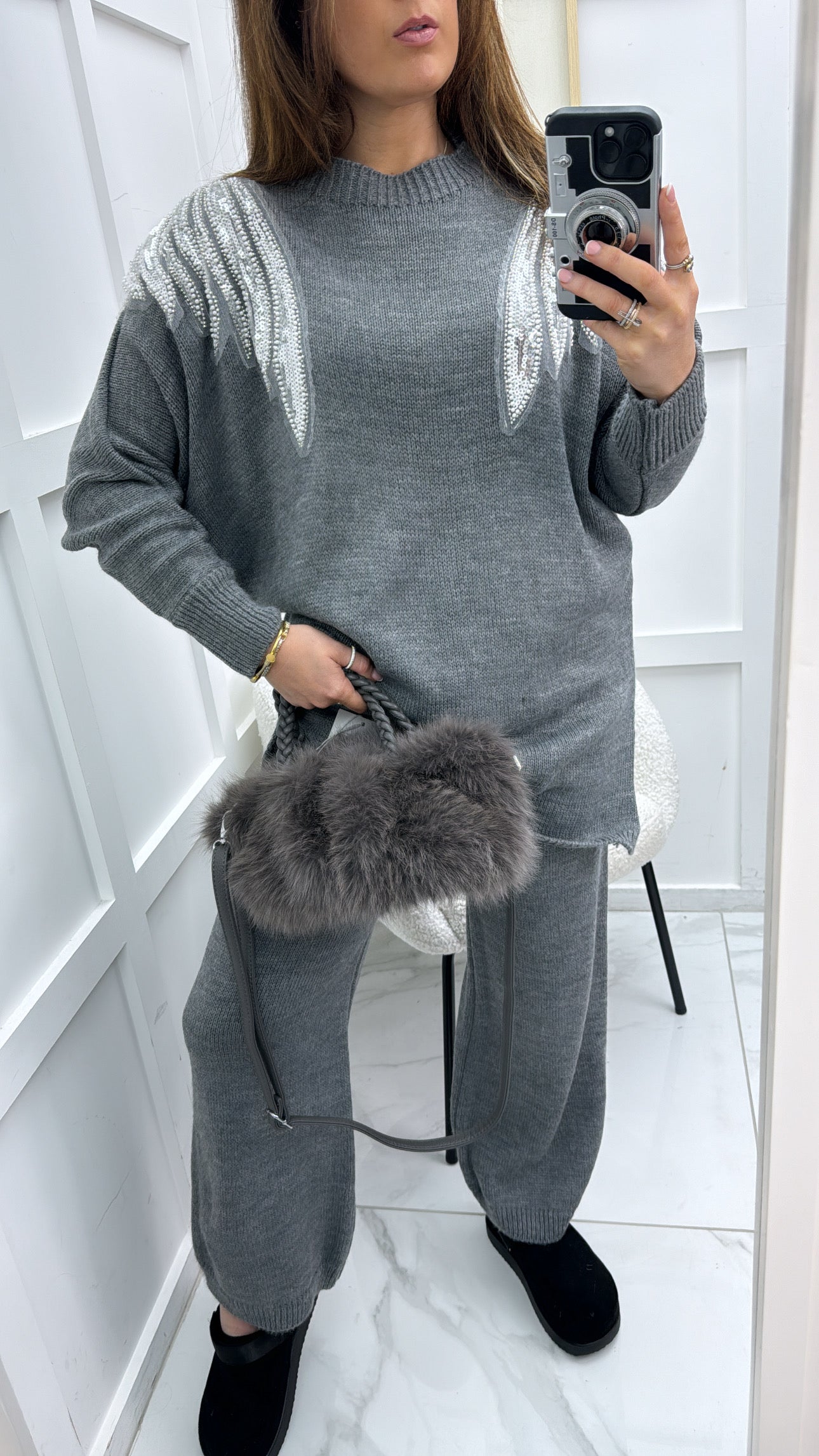 OLIVIA grey chunky knit embellished lounge set