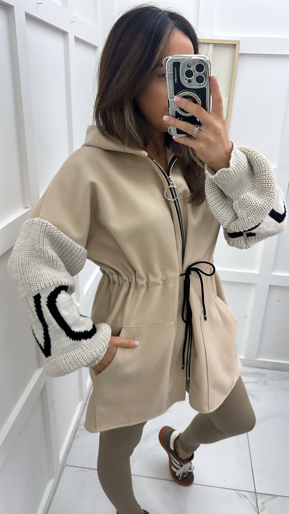 LULAH beige knitted contrast arm detail jacket