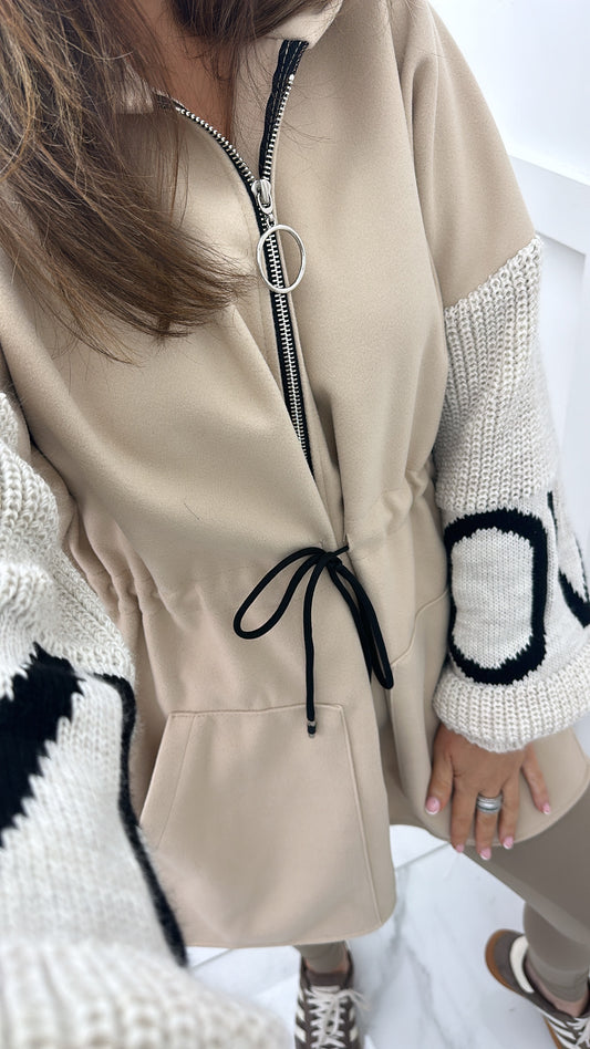 LULAH beige knitted contrast arm detail jacket