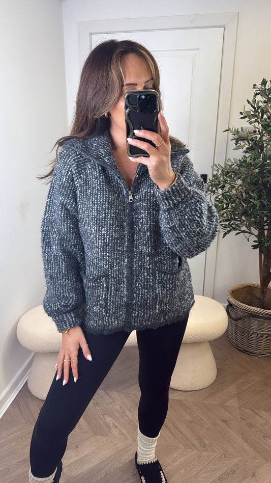 MILLIE grey two tone zip up chunky jumper