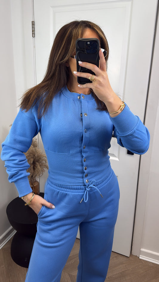 EMILIA royal blue cropped fitted jacket and wide leg joggers set