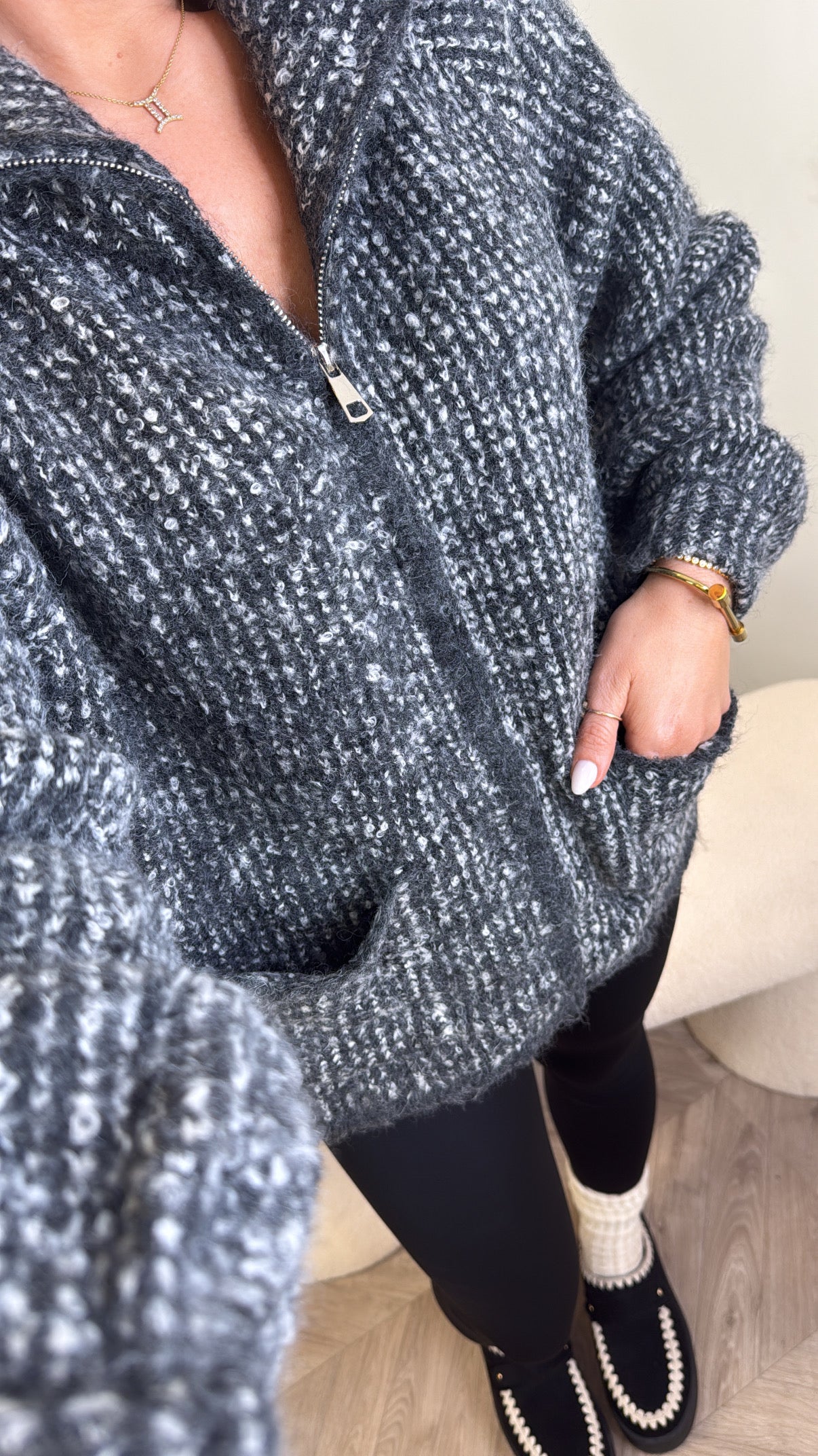 MILLIE grey two tone zip up chunky jumper