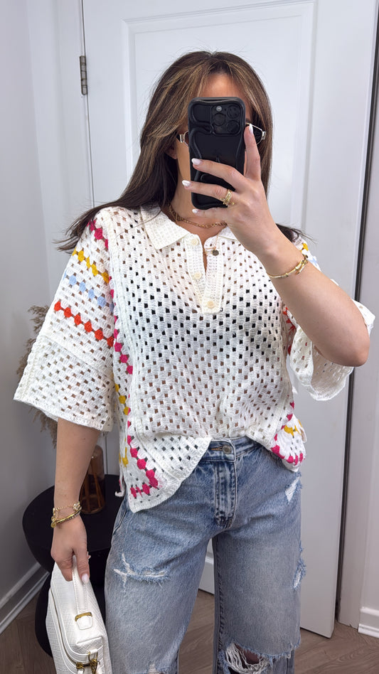 MIA white crochet polo style top