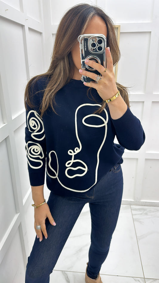 HARPER navy jumper with cream face detail