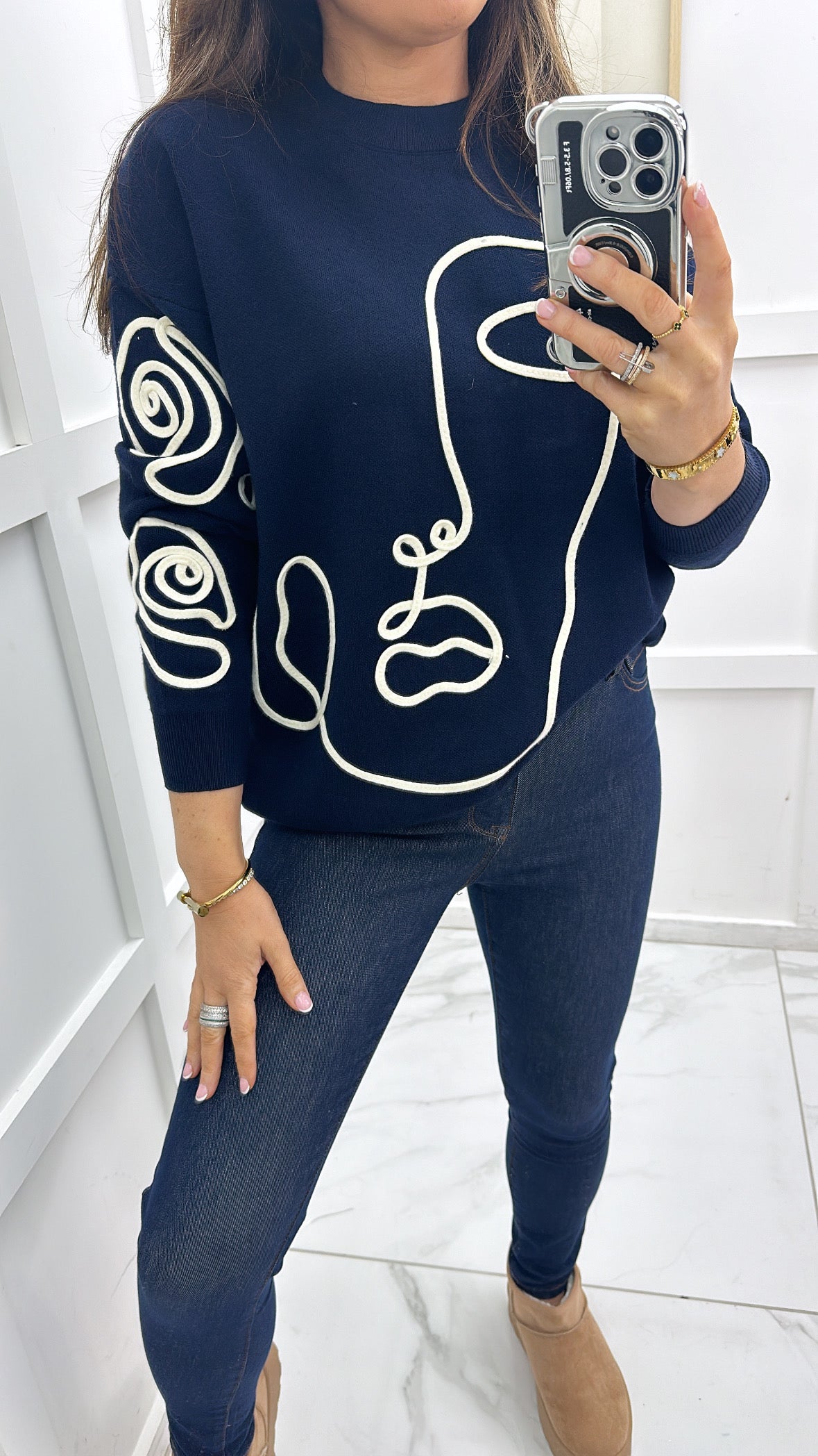 HARPER navy jumper with cream face detail