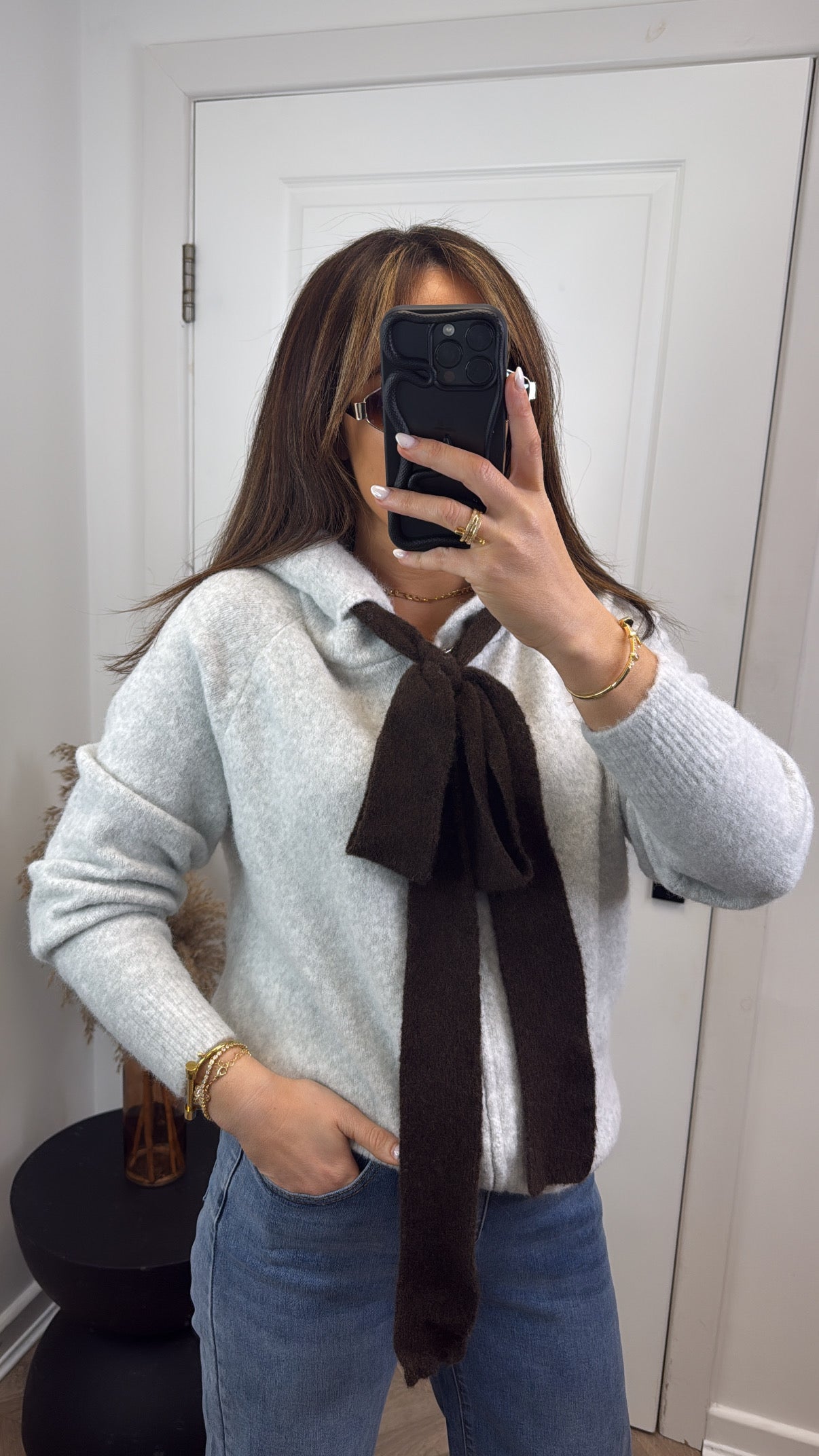 NELLY grey soft knit zip up hoody with tie detail