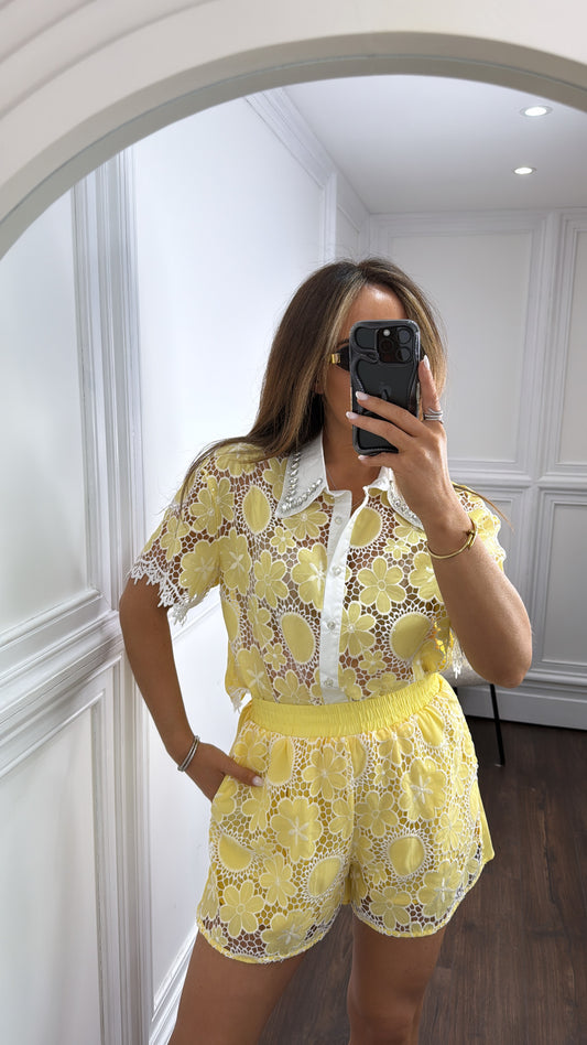 LUNA yellow lace and jewel shorts co-ord
