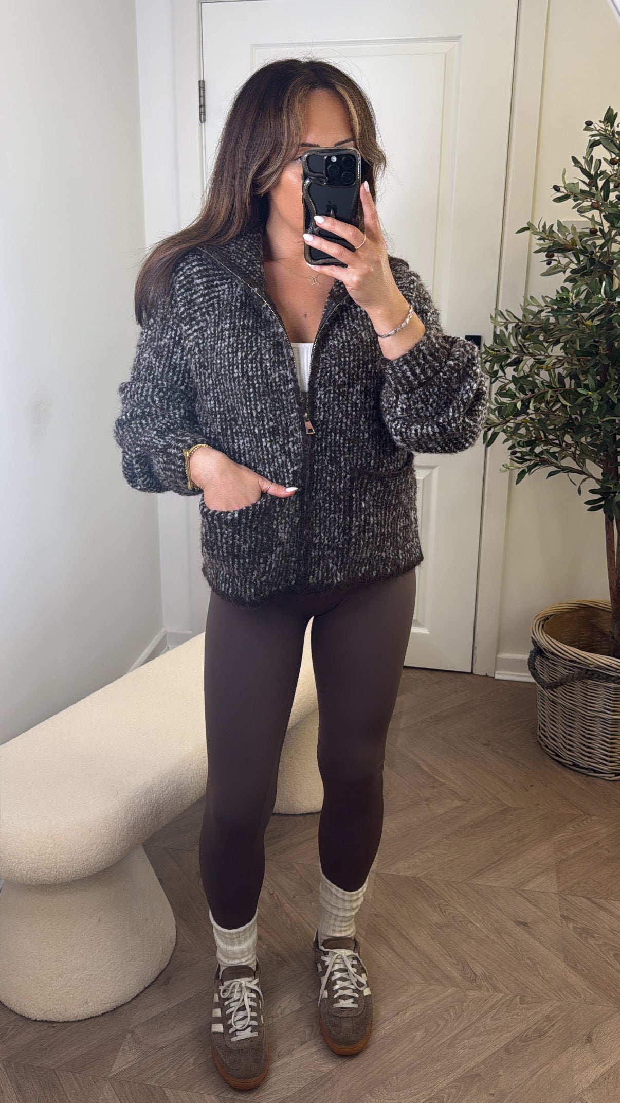 MILLIE brown two tone zip up chunky jumper