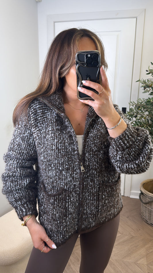 MILLIE brown two tone zip up chunky jumper
