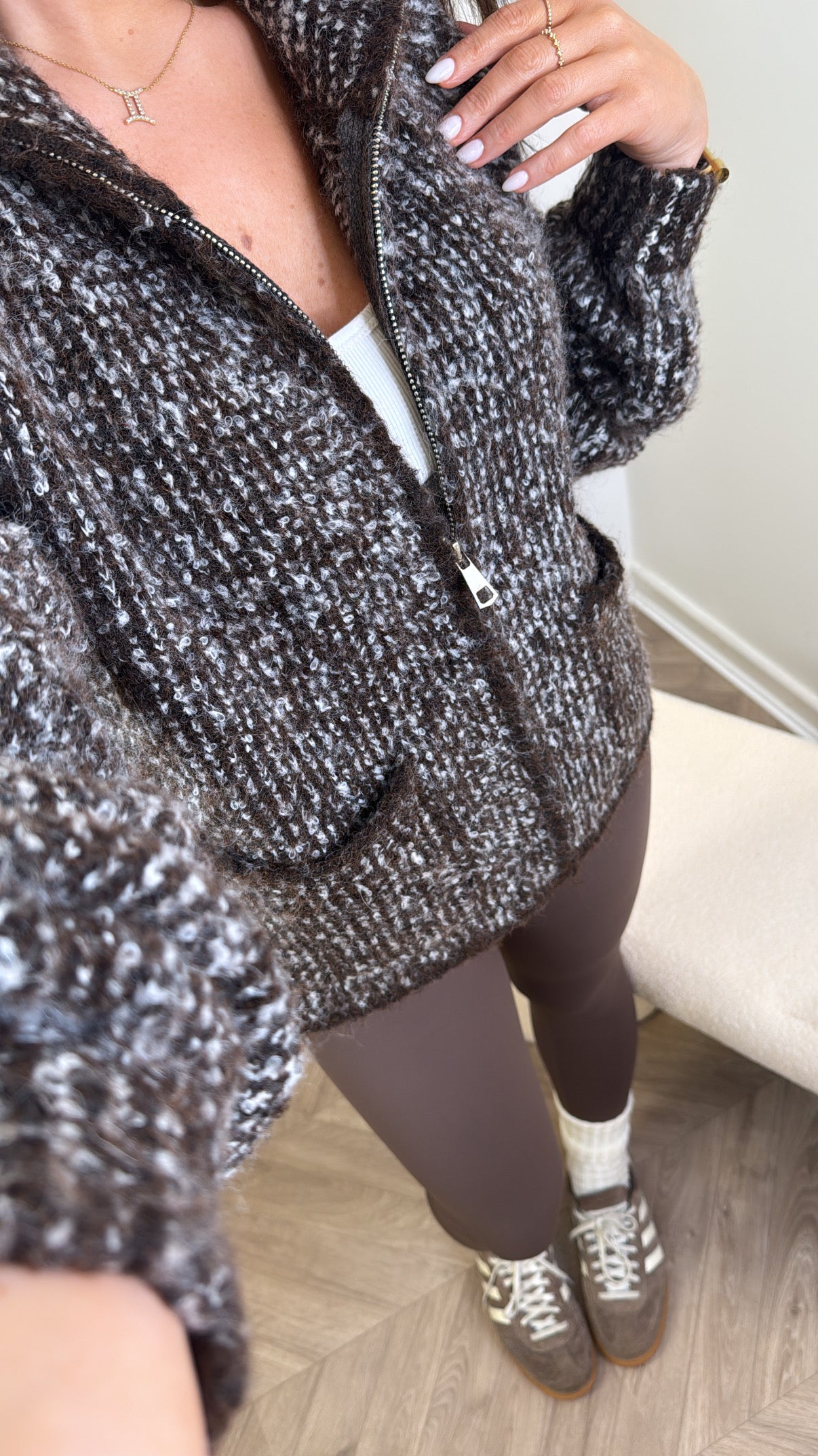 MILLIE brown two tone zip up chunky jumper
