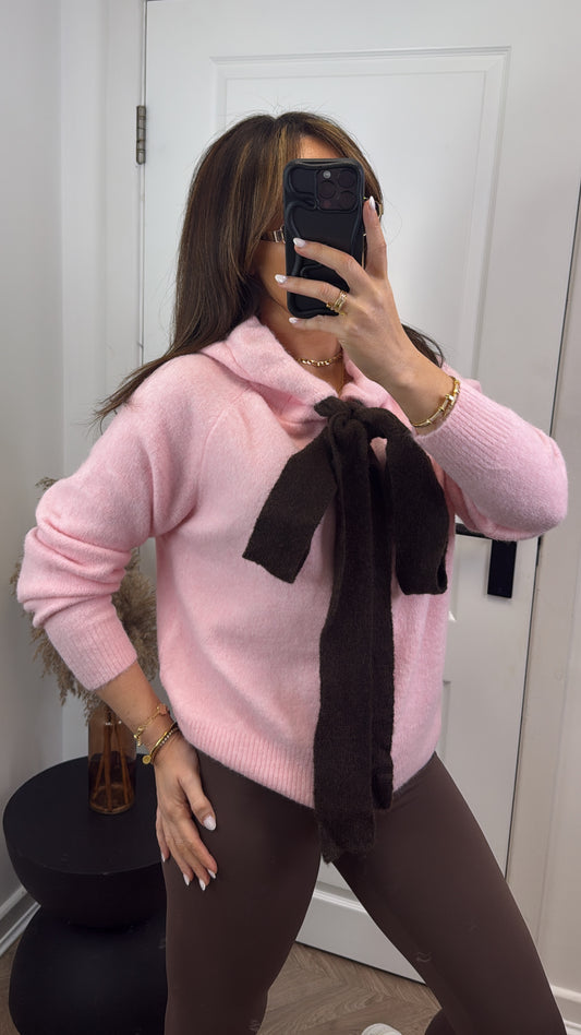 NELLY pink soft knit zip up hoody with tie detail