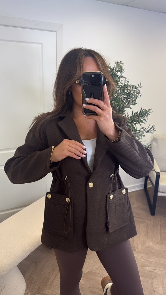 BETHANY brown woollen gold button blazer