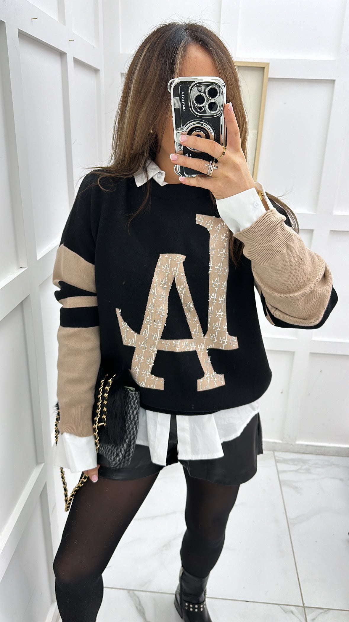 REMI black & beige LA diamante logo jumper