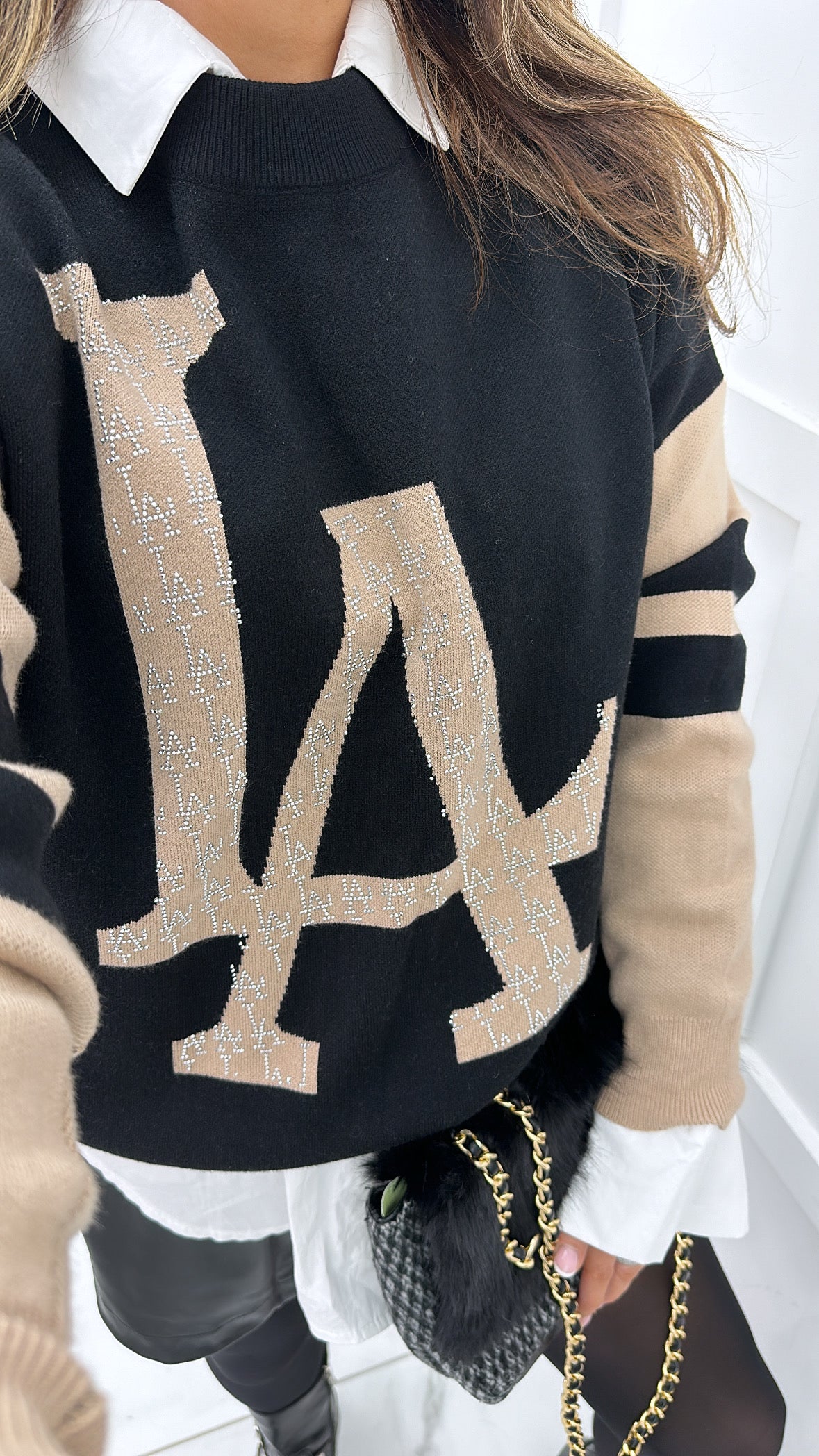 REMI black & beige LA diamante logo jumper