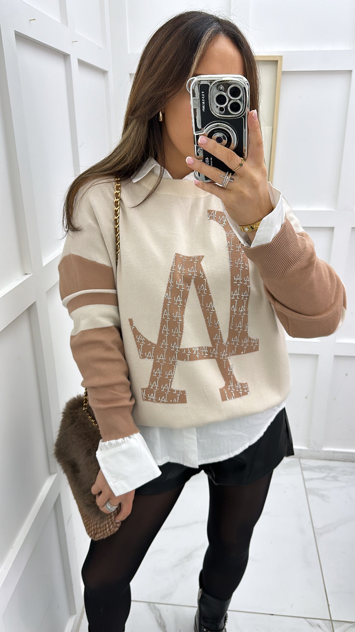 REMI cream & beige LA diamante logo jumper