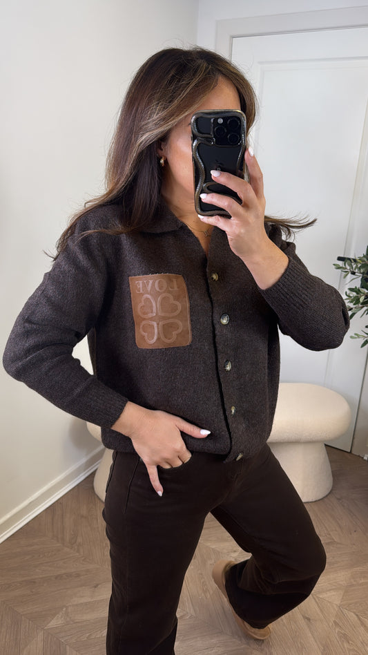 MIA brown love logo cardigan