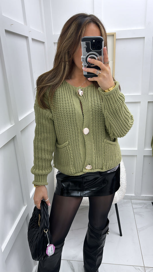 JAYLA olive chunky knit cardigan with gold buttons