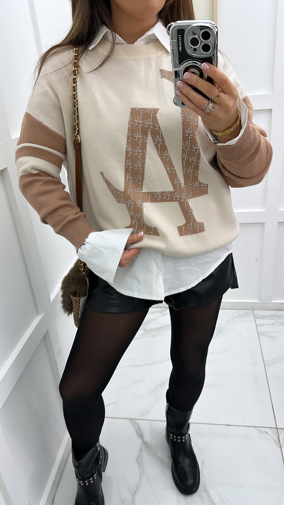 REMI cream & beige LA diamante logo jumper