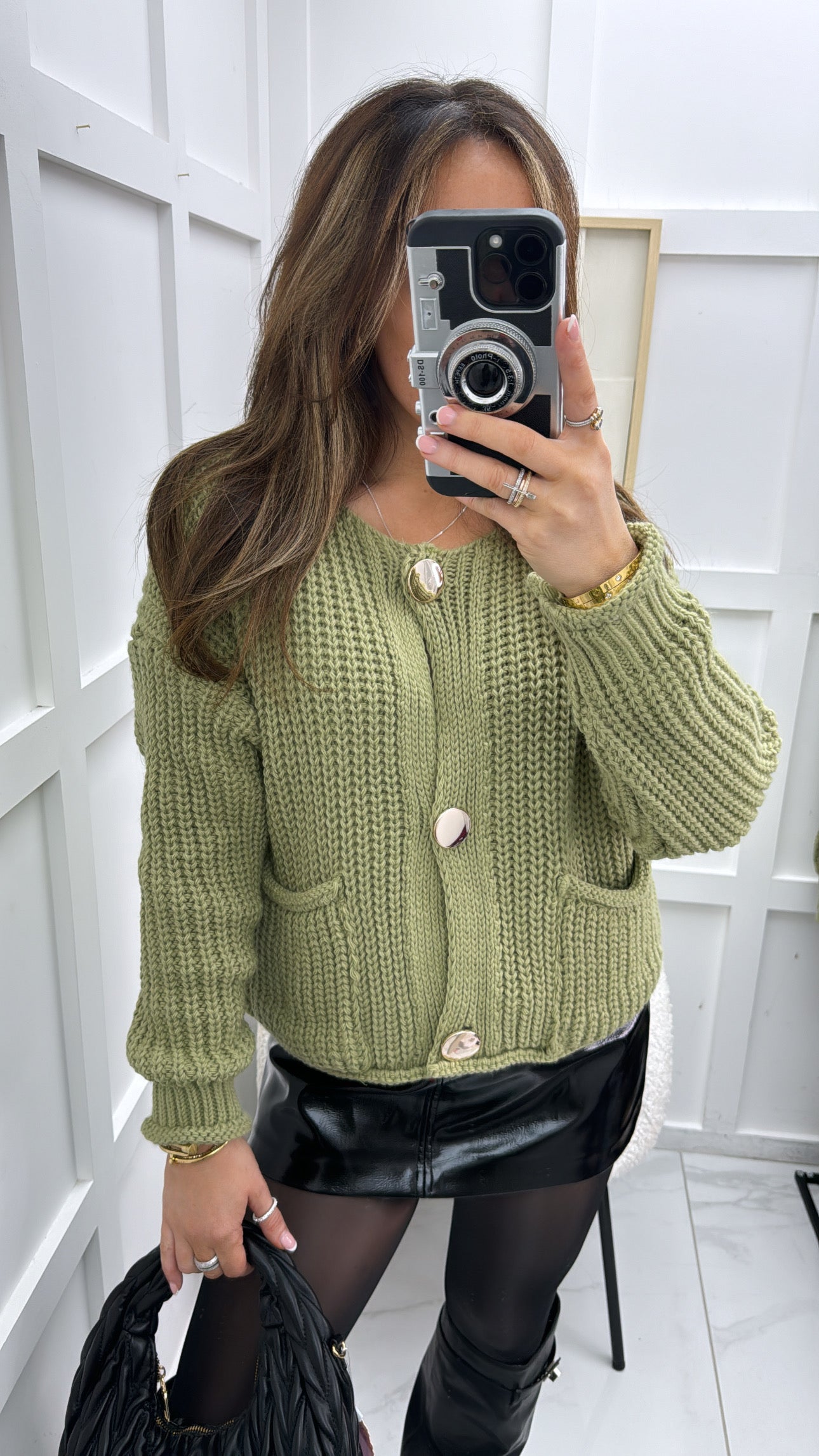 JAYLA olive chunky knit cardigan with gold buttons