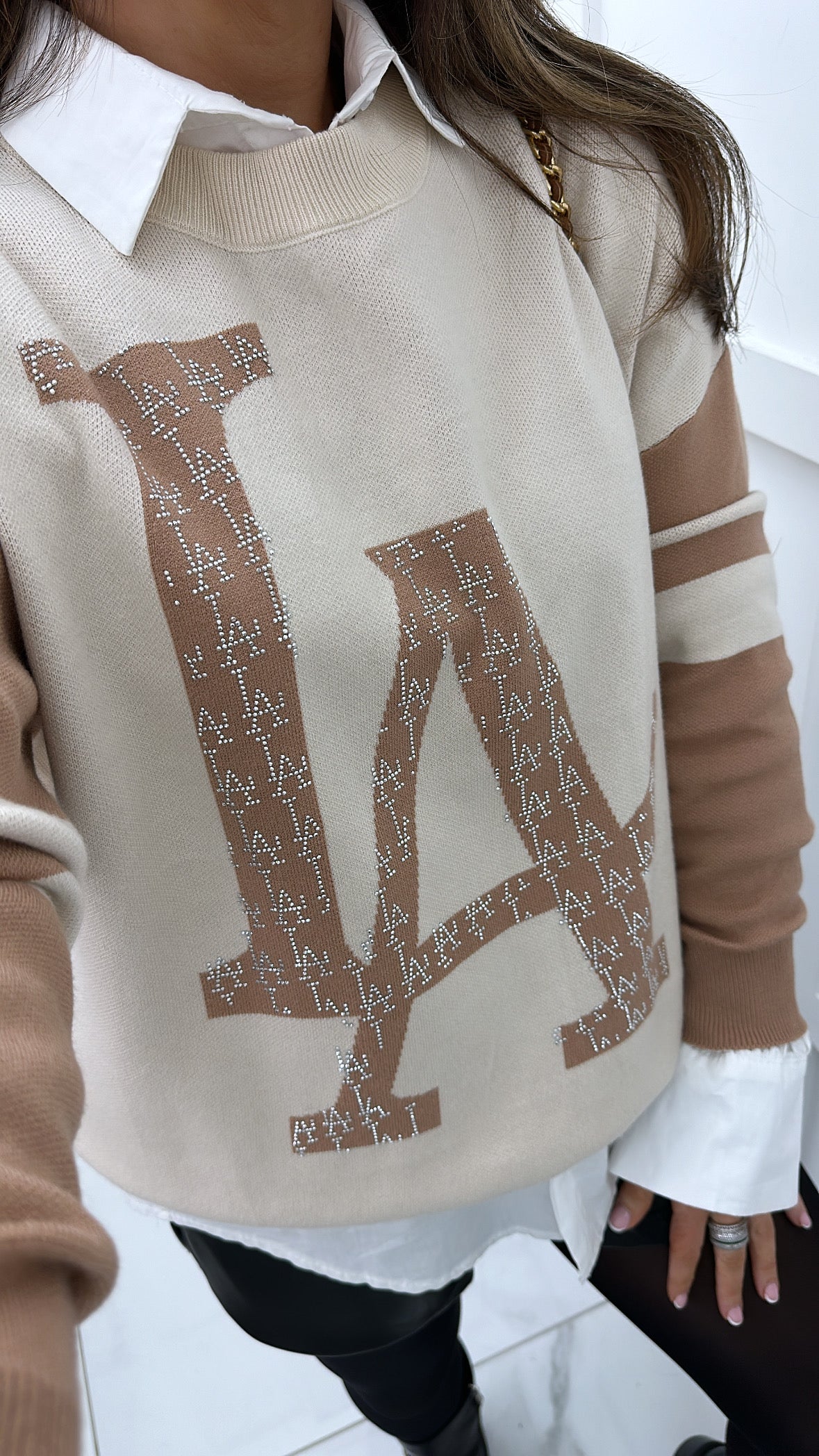 REMI cream & beige LA diamante logo jumper