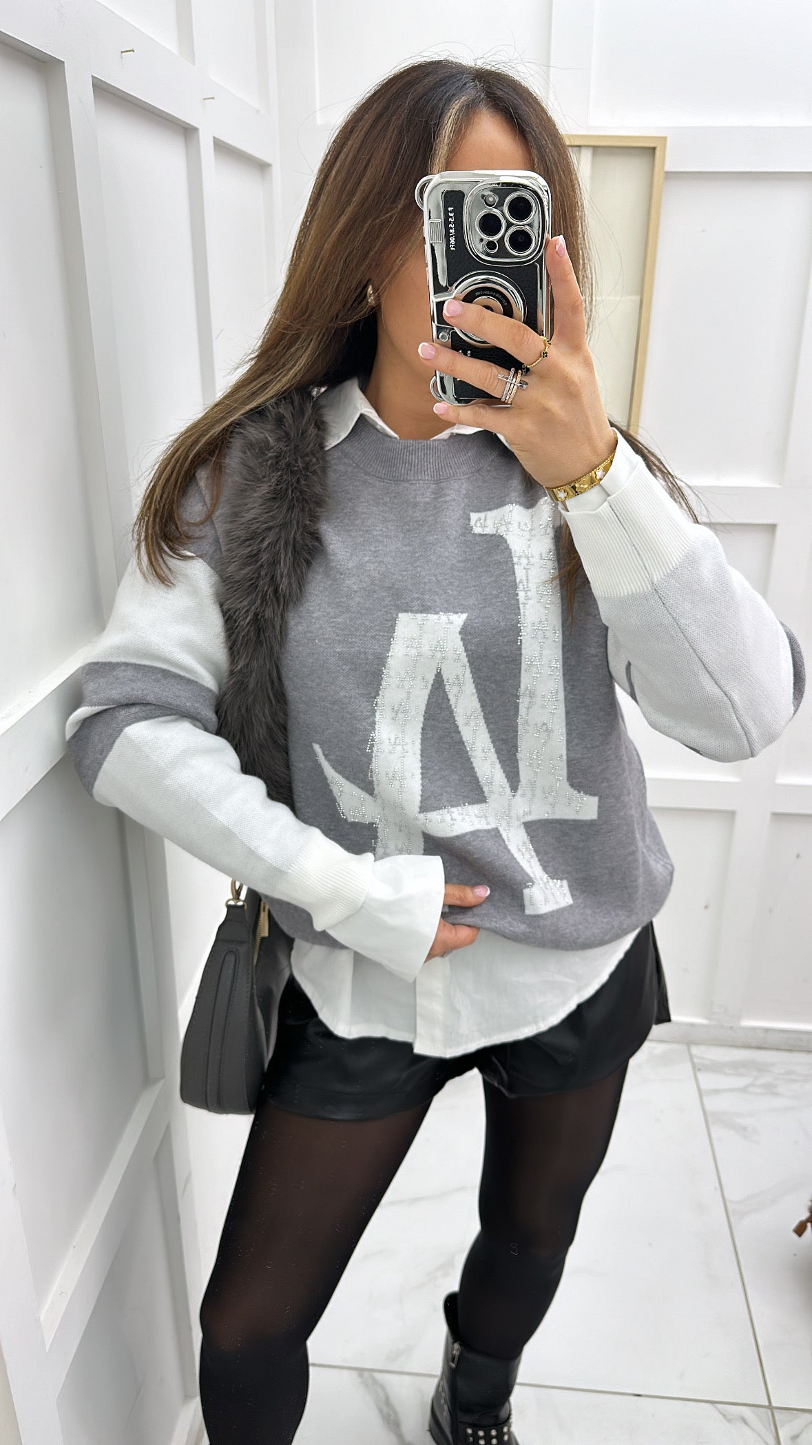 REMI grey & white LA diamante logo jumper