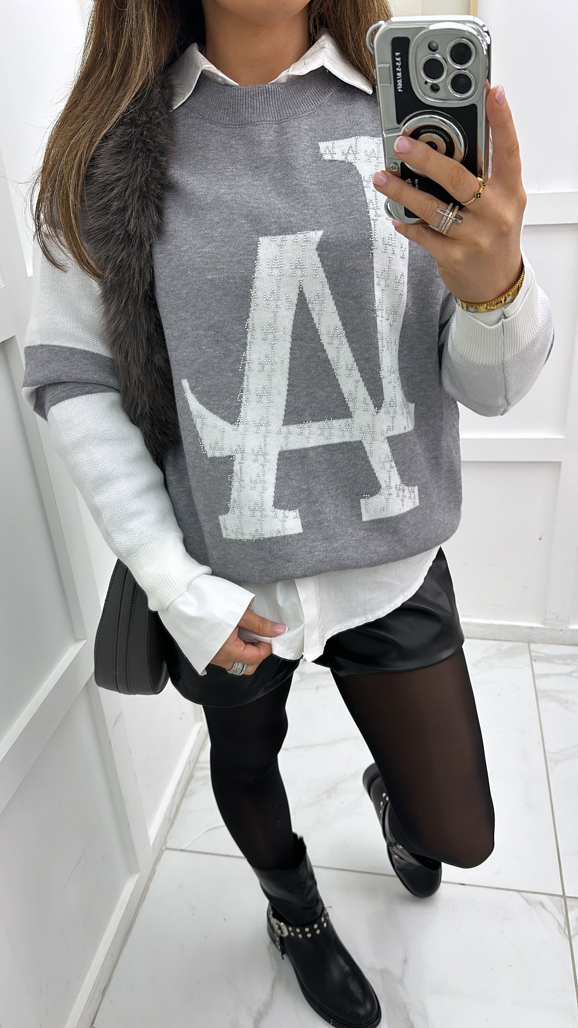 REMI grey & white LA diamante logo jumper