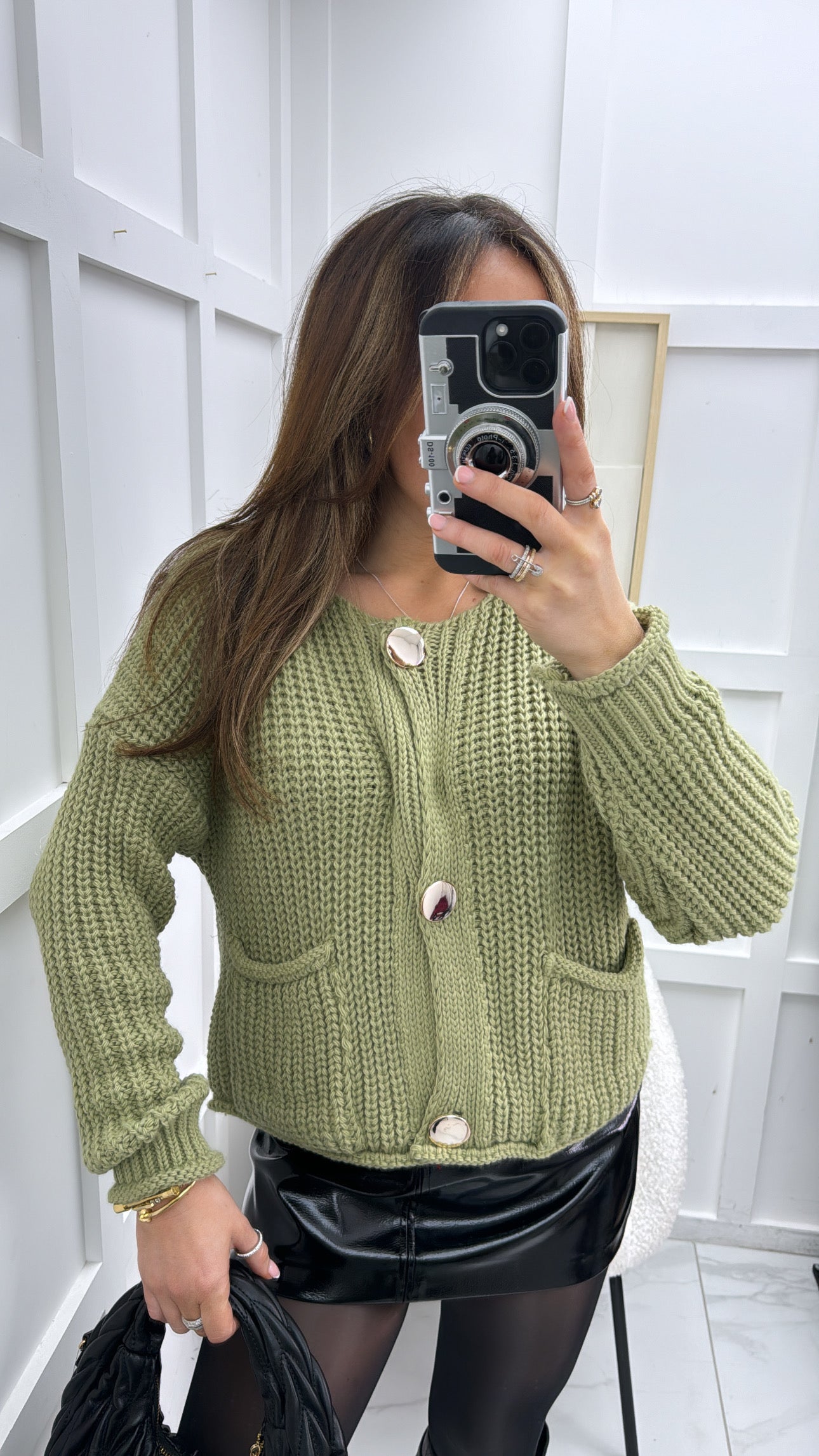 JAYLA olive chunky knit cardigan with gold buttons