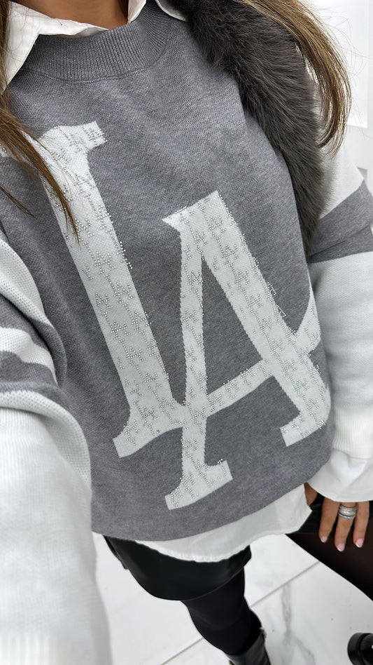 REMI grey & white LA diamante logo jumper